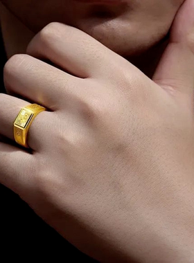 回纹18K黄金色戒指男士食指指环