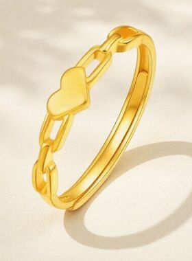 18k黄金色活口开口戒指女可调节指环复古时尚百搭心形送女友礼物