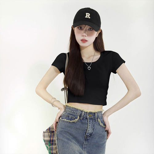 拉夏贝尔黑色正肩短袖t恤女夏2026新款紧身高腰辣妹短款露脐上衣 - 图0