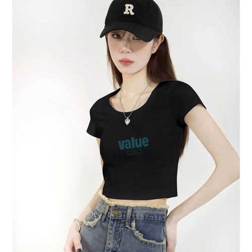 拉夏贝尔黑色正肩短袖t恤女夏2026新款紧身高腰辣妹短款露脐上衣 - 图1