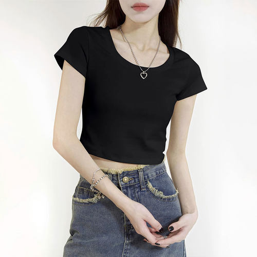 拉夏贝尔黑色正肩短袖t恤女夏2026新款紧身高腰辣妹短款露脐上衣 - 图3