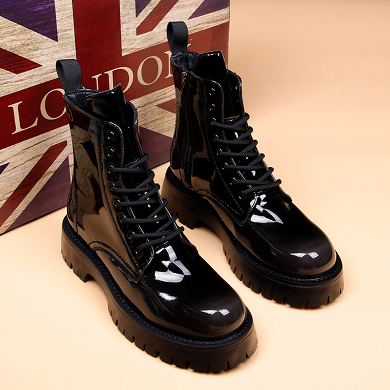 漆皮亮面男士马丁靴春秋季高帮靴子男2025新款厚底防滑机车皮靴 - 图2