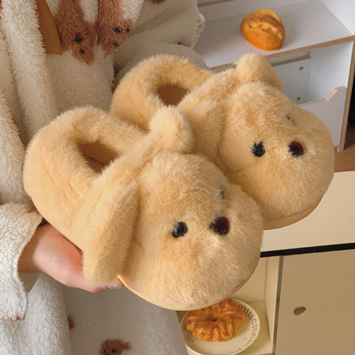 可爱小狗棉拖鞋女秋冬季外穿男女情侣加绒潮防滑室内保暖棉鞋假日 - 图0