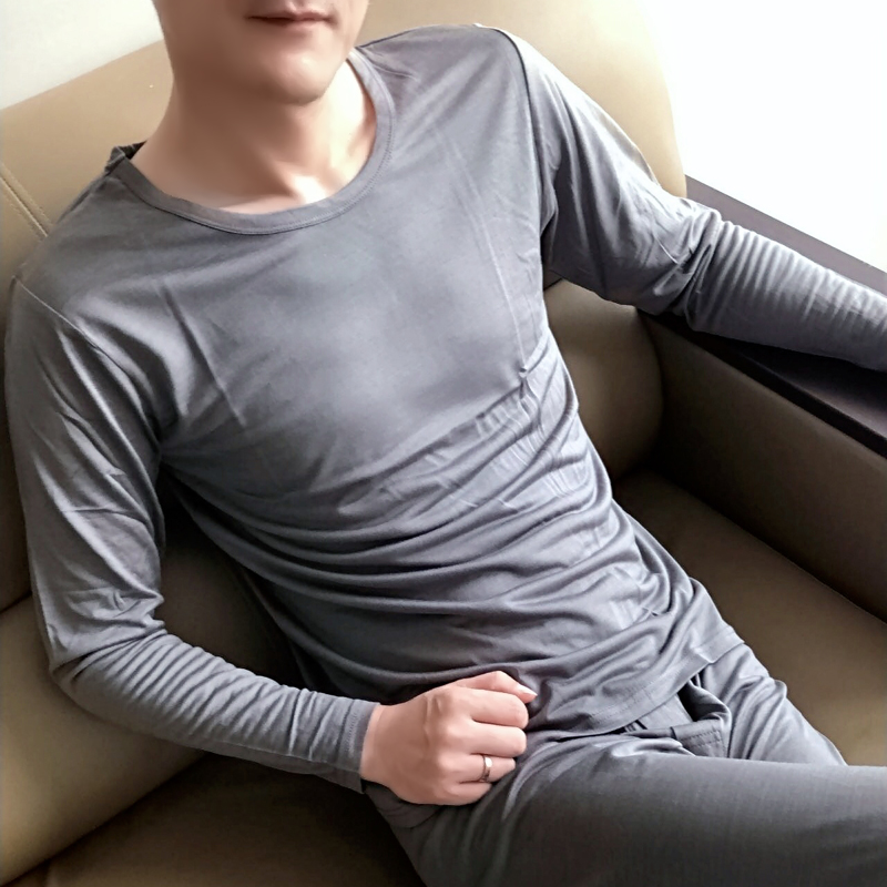 新款真丝加棉男士圆领内衣套装桑蚕丝棉毛衫裤睡衣保暖套装秋衣裤 - 图2