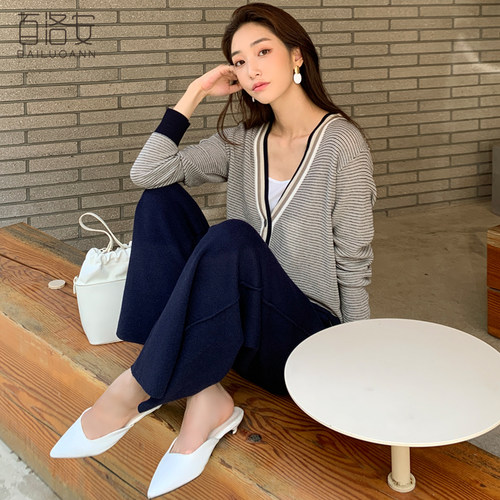 百洛安时尚针织套装女套裤2026秋装新款条纹开衫上衣阔腿裤两件套 - 图2