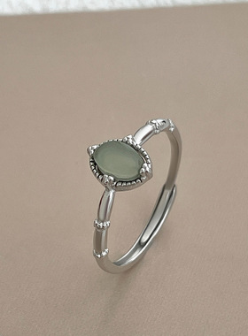 S925银复古文艺椭圆碧玉戒指女