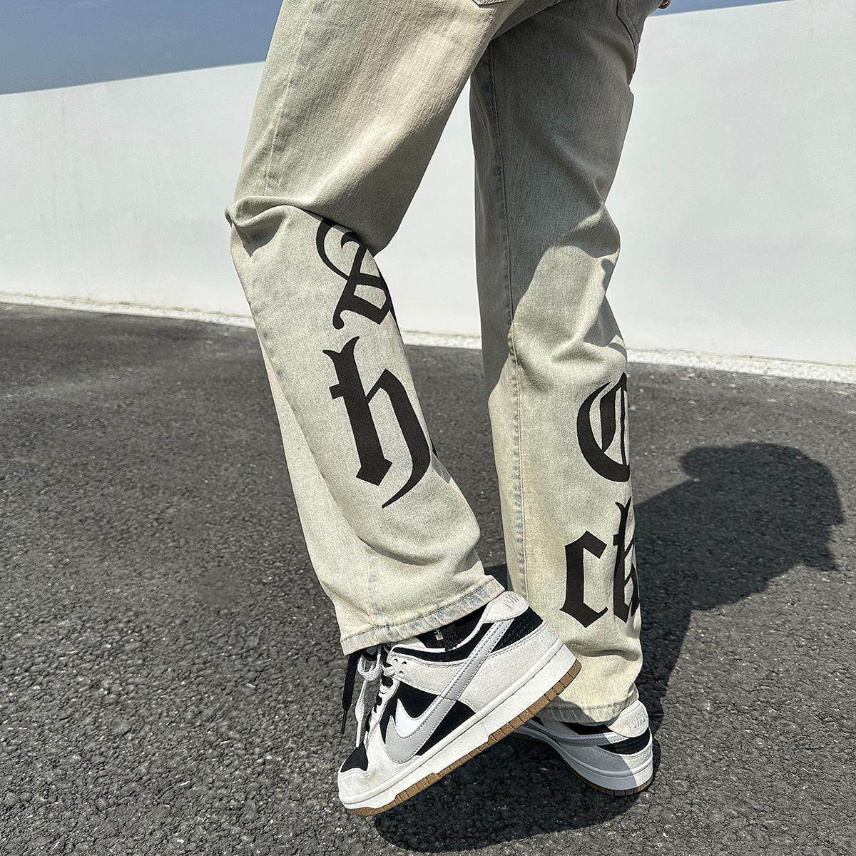 欧美高街牛仔裤潮流黄泥色印花字母ins超火裤子男中大童直筒裤女,淘宝优惠券,粉丝福利购,淘宝优惠卷