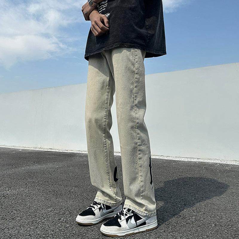 欧美高街牛仔裤潮流黄泥色印花字母ins超火裤子男中大童直筒裤女,淘宝优惠券,粉丝福利购,淘宝优惠卷