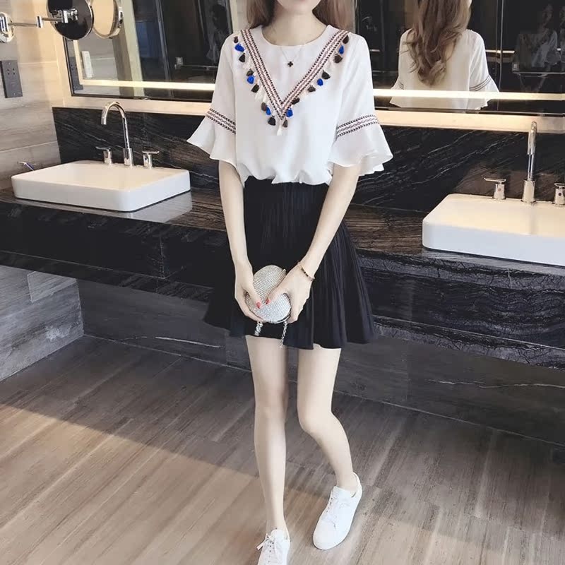 2018新款裤裙套装女夏时尚韩版雪纺上衣短裙