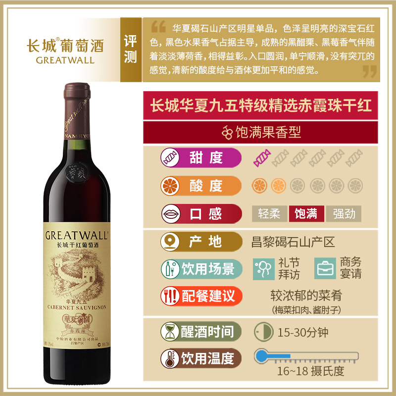 华夏葡园九五纪念赤霞珠干红葡萄酒红酒1瓶【长城酒官方旗舰店】 - 图1
