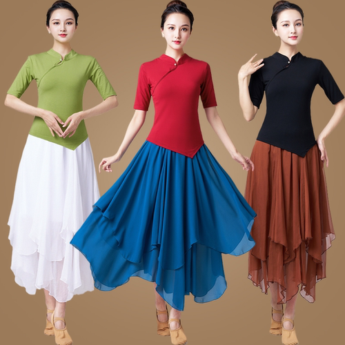 舞蹈练功服身韵飘逸演出服广场舞服装套装女中袖古典现代舞跳舞衣 - 图0