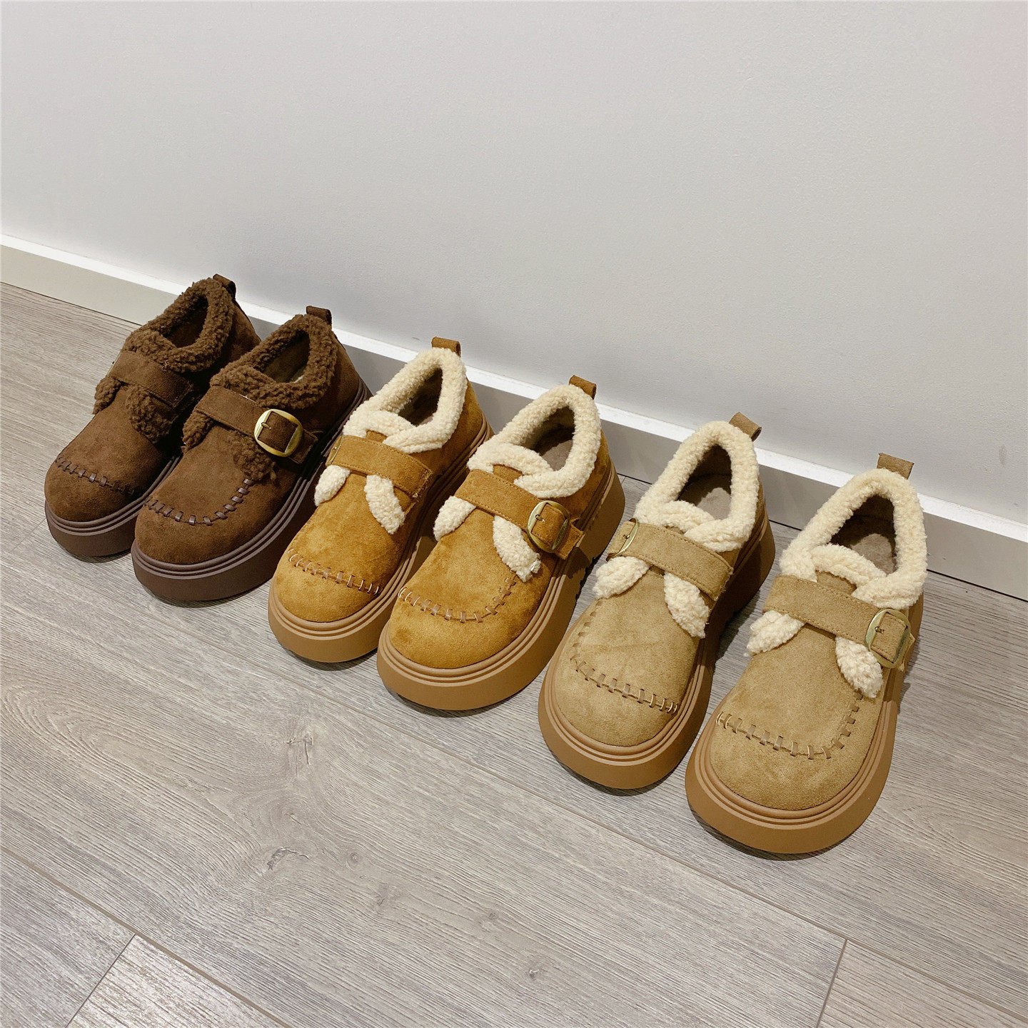 搭扣魔术贴毛毛鞋加绒勃肯鞋女2025冬季新款厚底松糕单鞋保暖棉鞋,淘宝优惠券,粉丝福利购,淘宝优惠卷