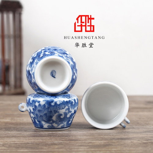 华胜堂 景德镇青花手绘缠枝莲点颏罐三件套水鸟杯鸟食罐 鸟笼配件 - 图1