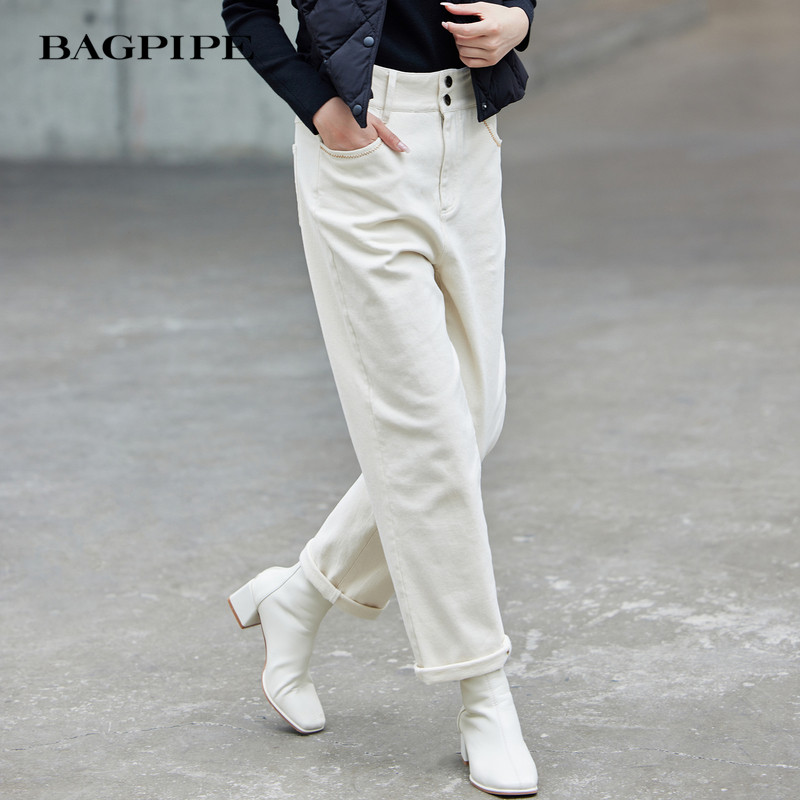 风笛2024冬季新款加绒磨毛高腰锥形牛仔裤女哈伦裤宽松老爹裤,淘宝优惠券,粉丝福利购,淘宝优惠卷