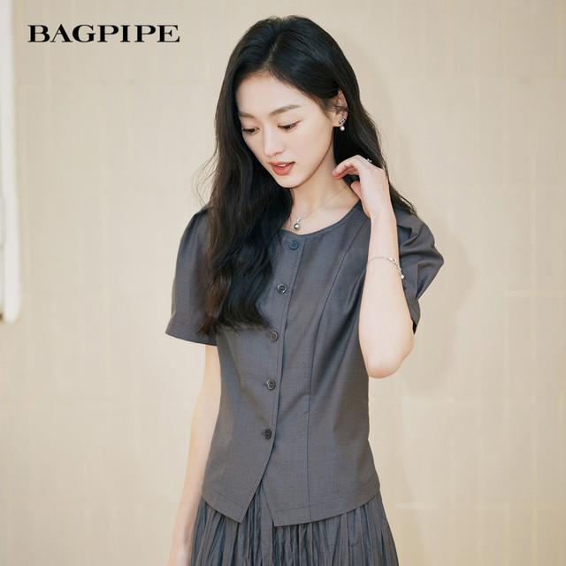 Bagpipe 2025 Autumn New Round Neck French Temperament Shirt Women's Fashionable and Versatile Slim Short-Sleeved Tops for Women Commuting