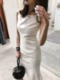 Элегантное белое приталенное вечернее платье, юбка, в корейском стиле, с акцентом на бедрах