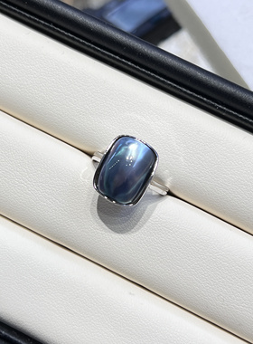 魔方大楼长方形海水马贝S925银简单光边设计款戒指蓝银色日常通勤