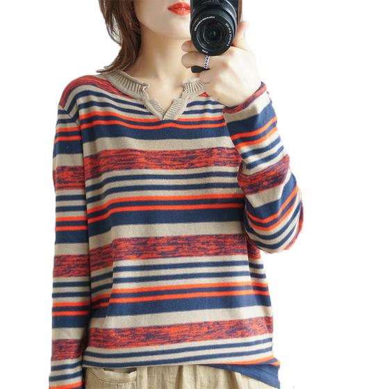 Cotton and linen spring and autumn new 100% striped fashion bottoming shirt