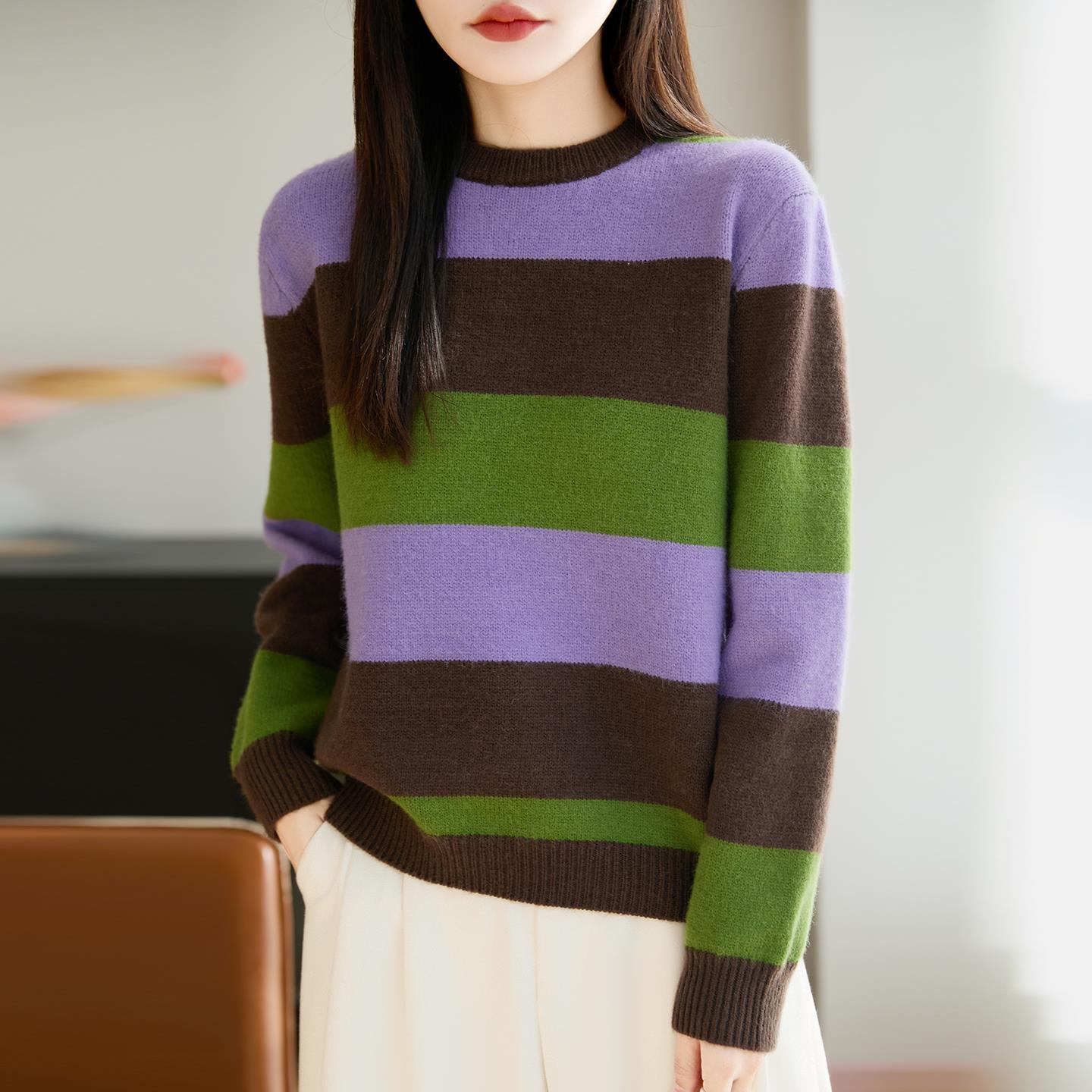 法式慵懒风撞色条纹针织衫女25新款加厚保暖打底毛衣秋冬内搭毛衫 - 图1