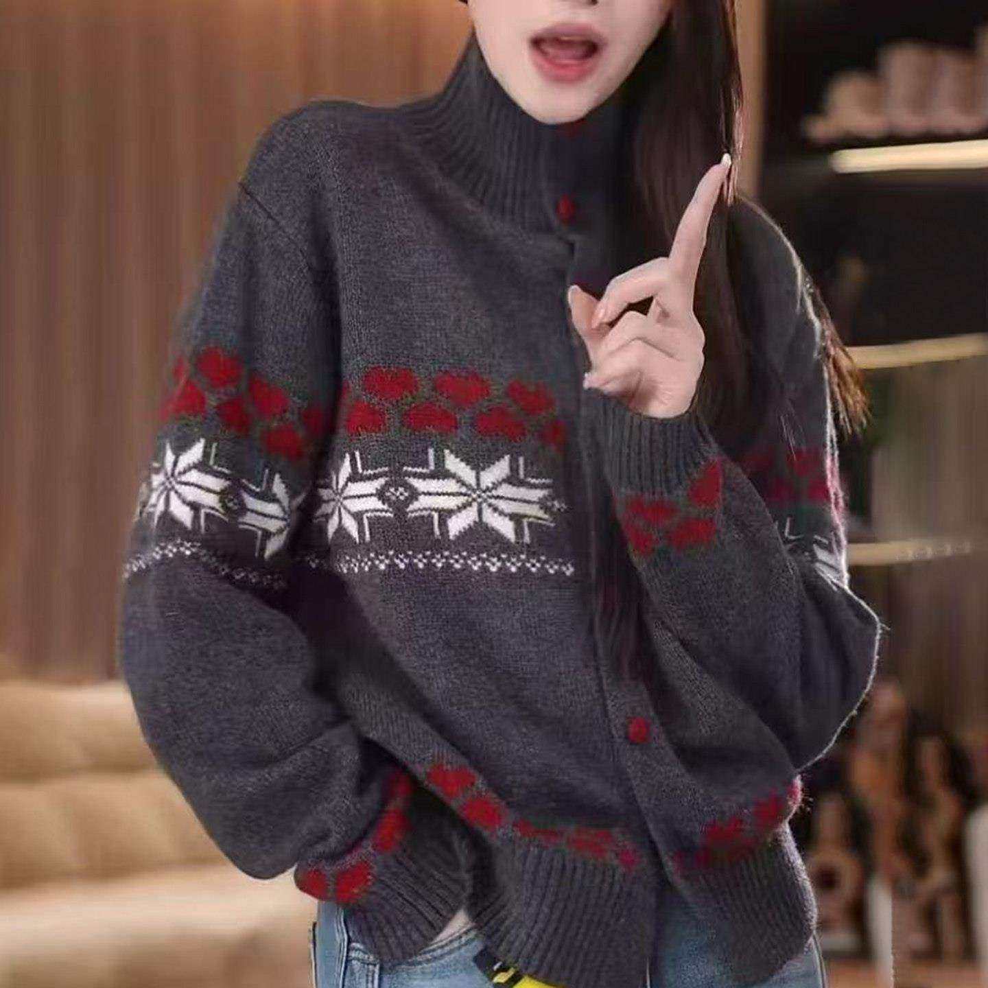 冬季巨好看提花高领加厚毛衣开衫女慵懒风宽松针织衫纽扣撞色外套,淘宝优惠券,粉丝福利购,淘宝优惠卷