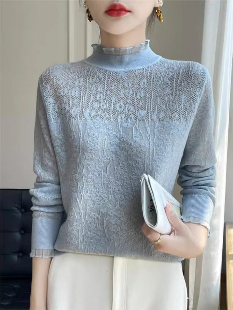 法式时髦洋气花边领长袖打底衫女2024秋冬新蕾丝钩花内搭时尚毛衣,淘宝优惠券,粉丝福利购,淘宝优惠卷