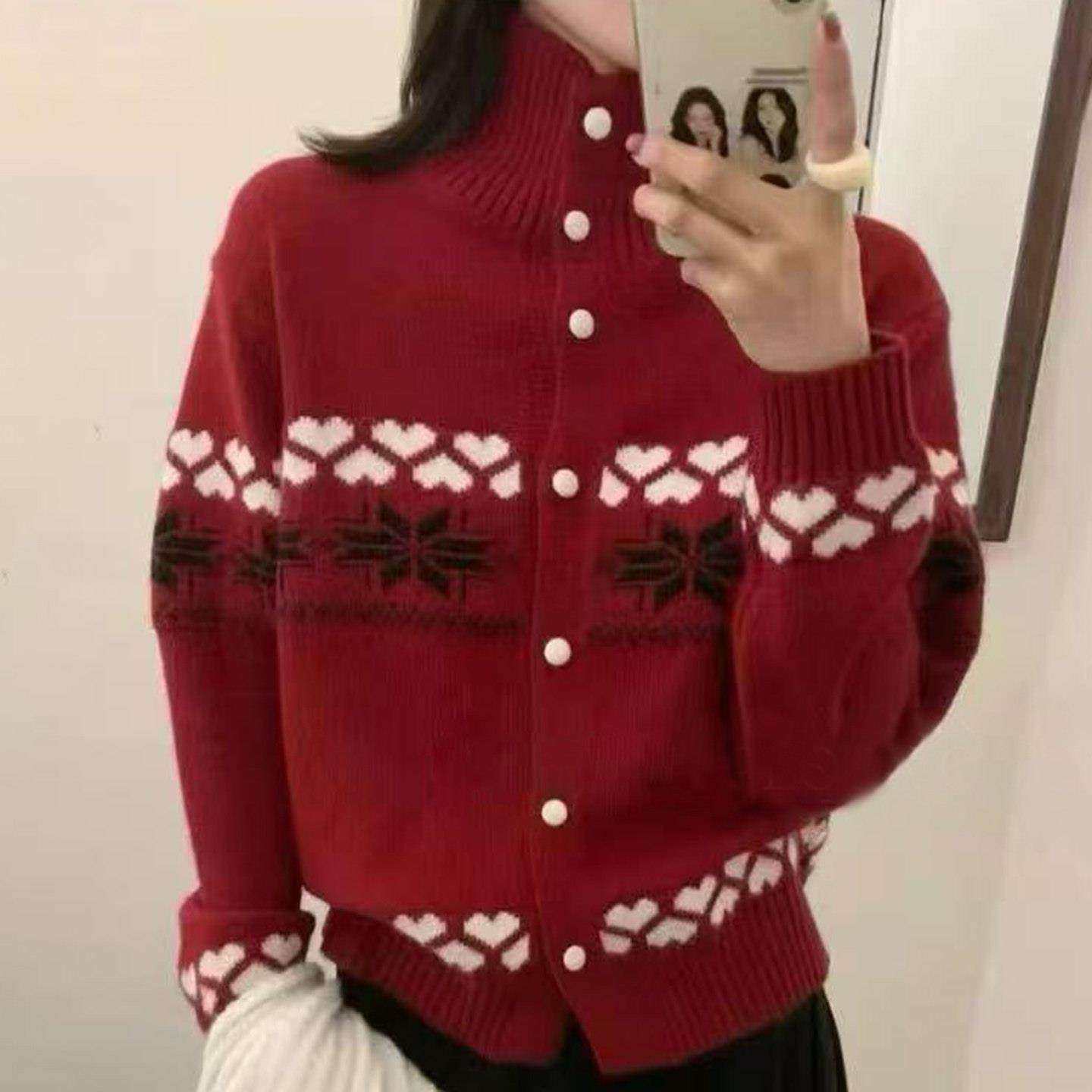 冬季巨好看提花高领加厚毛衣开衫女慵懒风宽松针织衫纽扣撞色外套,淘宝优惠券,粉丝福利购,淘宝优惠卷