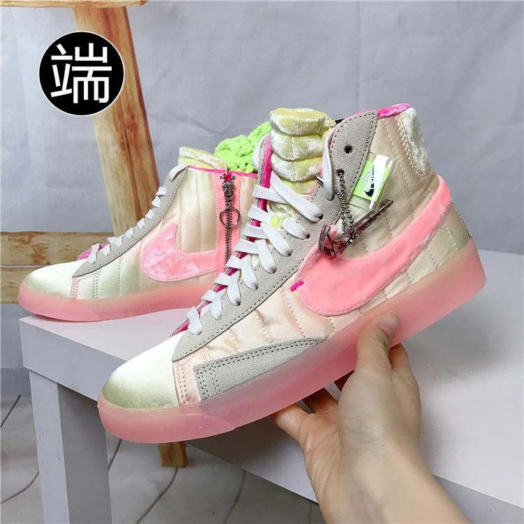 NIKE耐克BLAZER 女丝绒糖果粉绿刮刮乐水晶开拓者板鞋DD8482-163 - 图1