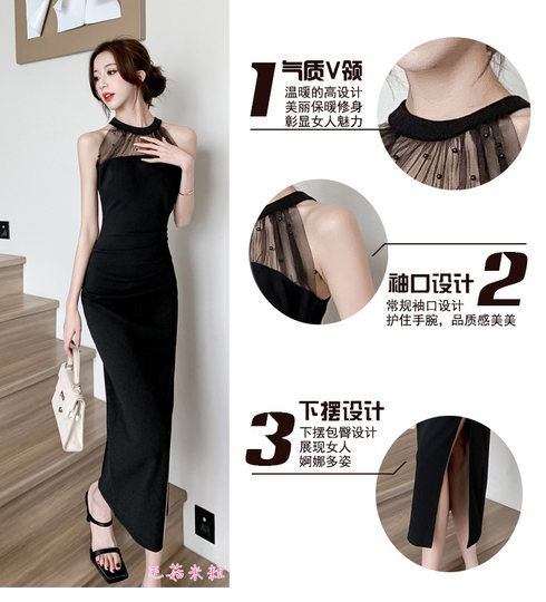 无袖连衣裙女夏季2025新款高级感气质修身法式名媛钉珠显瘦吊带裙