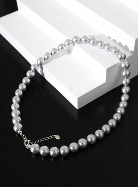 法式清冷气质灰贝珠高阶感项链女