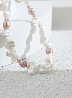法式巴洛克花瓣珍珠粉色混彩项链