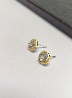 C55# 通体S925纯银镀金拉丝工艺精工镶嵌海蓝宝宝石耳钉10*10.5mm