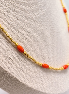 D1492# 天然红塑料小米珠项链8*4.5mm*8颗 锁骨链 配沙金