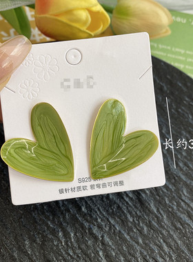 法式夸张超大爱心耳钉滴油绿色