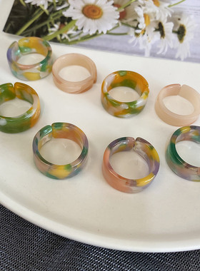 ins扎染撞色亚克力醋酸开口戒指