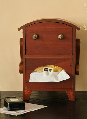 实木纸巾盒桌面收纳抽屉盒客厅酒店餐厅创意笑脸机器人卷纸抽