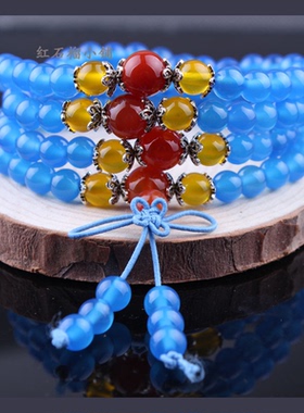 925银纯银 紫冰银镶嵌蓝绒晶 橘子石 红蚕石108颗佛珠手链