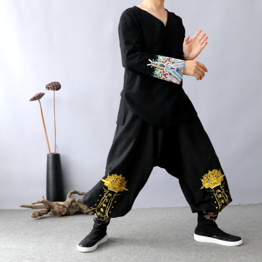 春秋新中国风男装宽松垮裤国潮嘻哈个性萝卜裤复古刺绣哈伦裤男裤 - 图2