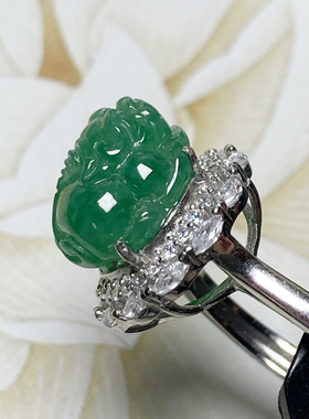 7790号天然缅甸翡翠a货冰种浓阳绿貔貅裸石送银戒指托一图一物