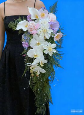 紫色瀑布手捧花仿真花高级新娘结婚当天摄影拍照假花束保湿玫瑰花
