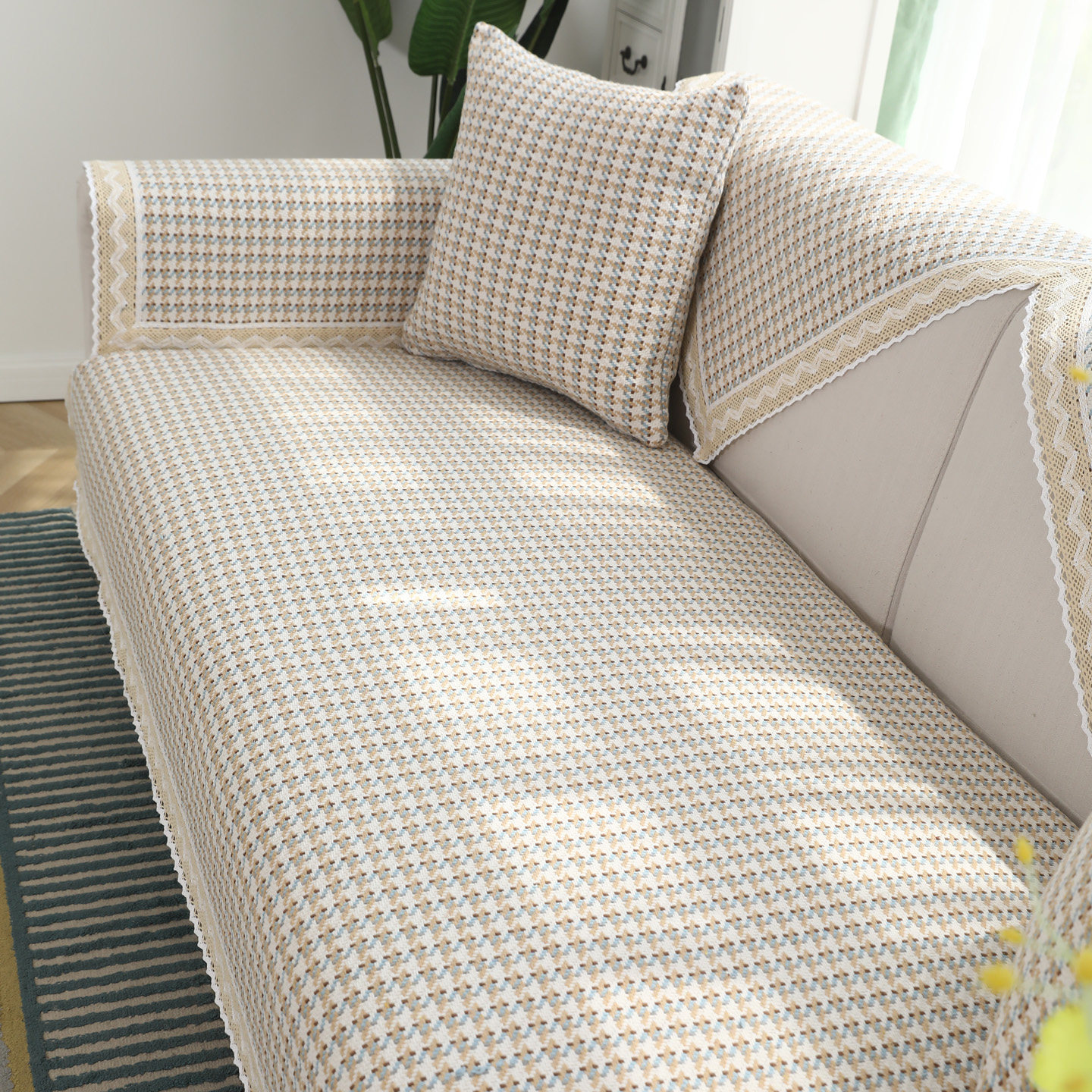 四季通用棉麻沙发垫现代简约布艺 老粗布沙发巾千鸟格防滑 防静电 - 图0