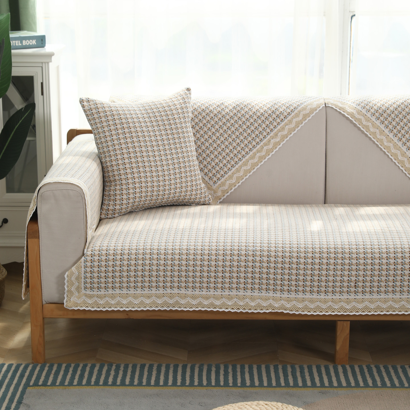 四季通用棉麻沙发垫现代简约布艺 老粗布沙发巾千鸟格防滑 防静电 - 图1