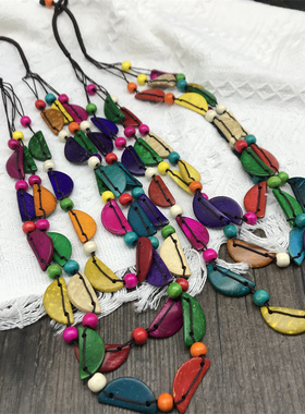 复古民族风彩色三层沙滩木质项链