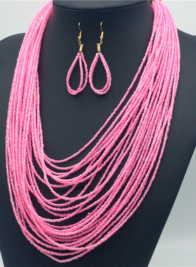 多层夸张复古项链耳环套 波西米亚民族风海边游玩项链 necklace