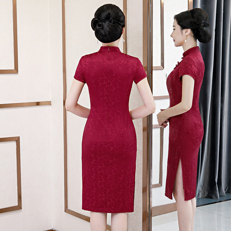 新款喜婆婆婚宴真丝桑蚕丝改良送考旗袍短袖中式修身气质礼服夏季