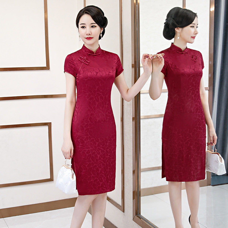 新款喜婆婆婚宴真丝桑蚕丝改良送考旗袍短袖中式修身气质礼服夏季