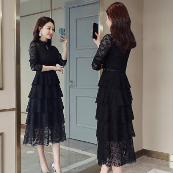 Caiyige Spring and Autumn Long Dress Temperament Sweet Solid Color Elegant Socialite Banquet Multi-layered Lace Lady Dress