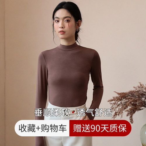 莫代尔半高领打底衫女秋冬黑色圆领内搭长袖t恤洋气加绒保暖上衣 - 图3