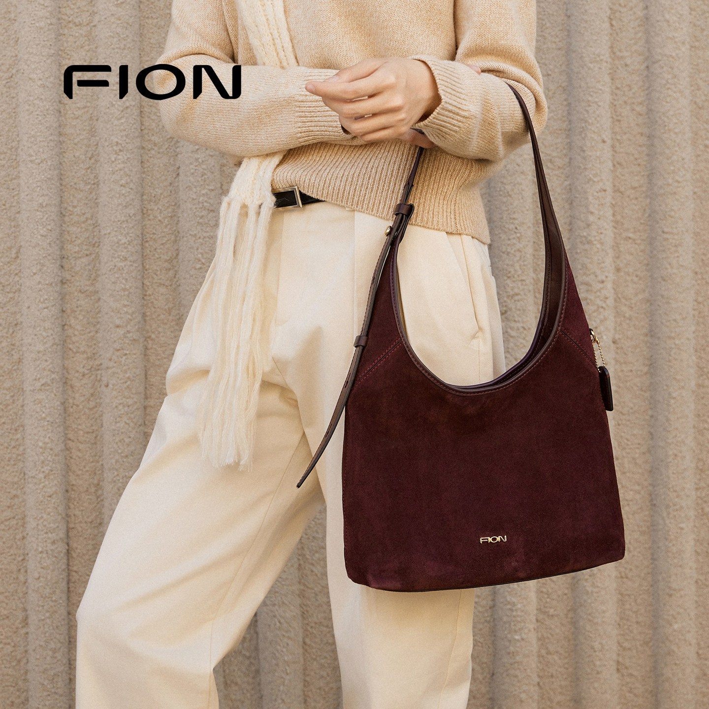 Fion/菲安妮麂皮hobo托特包慵懒女单肩斜挎包,淘宝优惠券,粉丝福利购,淘宝优惠卷