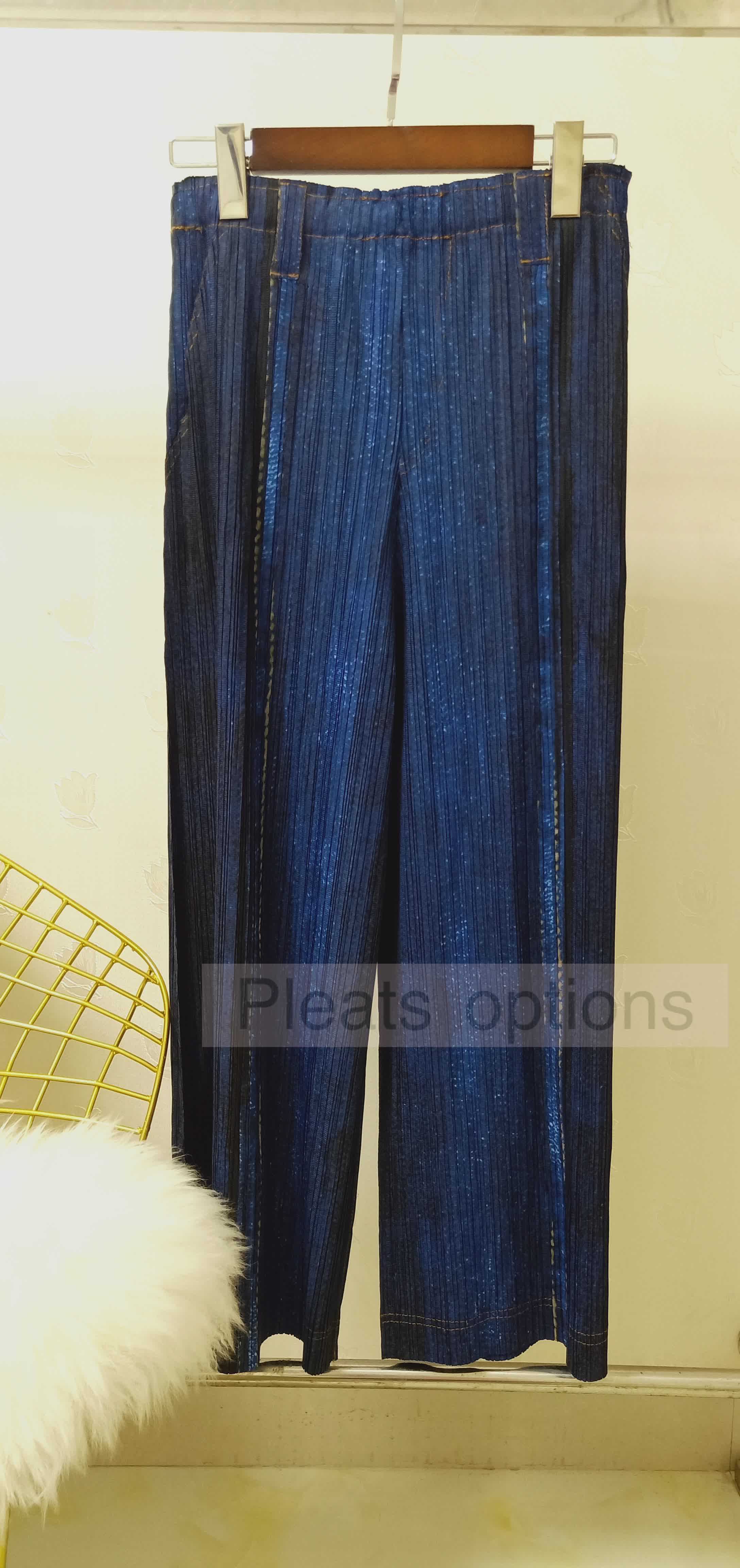 PLEATS OPTIONS 褶皱牛仔布纹理配套小西装上衣+裤子女款春夏秋新