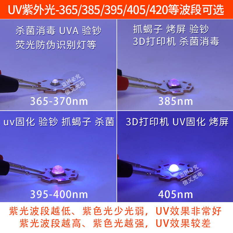 uv固化紫外光灯珠3w10w 聚光365 395 405 420nm验钞led灯板3d灯芯 - 图0